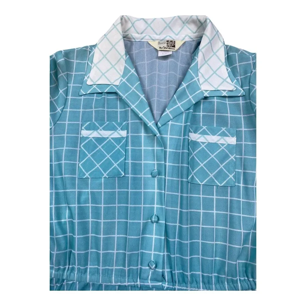 VTG 70s Sears ‘The‎ Shirtdress’ Baby Blue Checkered Plaid Long Sleeve Dress S-M - Picture 2 of 11
